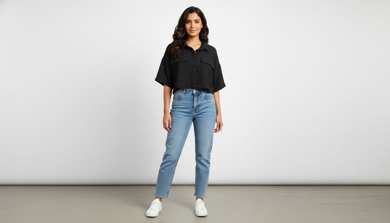 Black Textured Cropped Shirt(size-M)