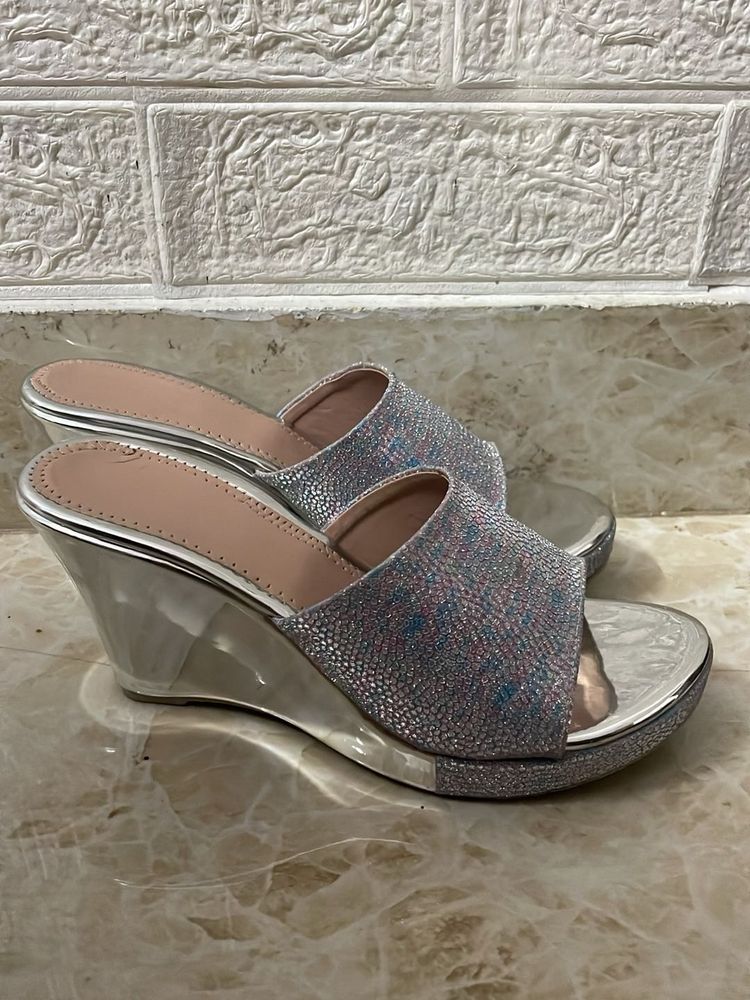Sparkly Silver Wedge Slides