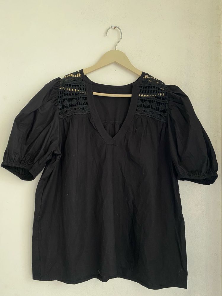 Black Puff Sleeve Crochet Top
