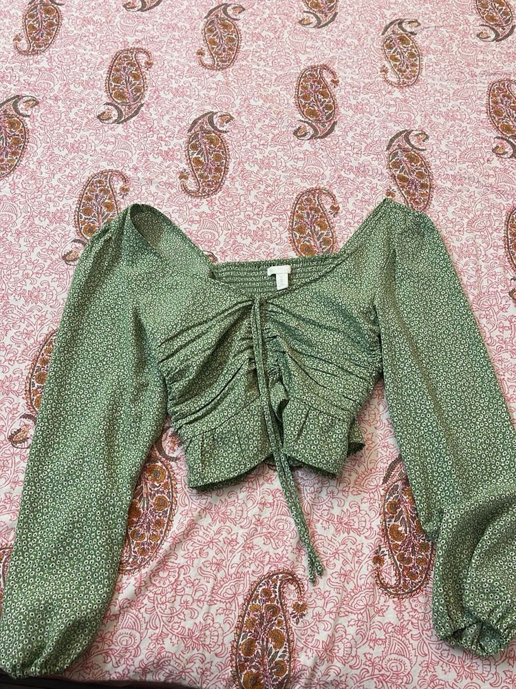 Green Floral Print Ruched Crop Top
