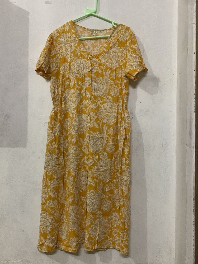 Sunny Yellow Floral Print Button-Up Dress