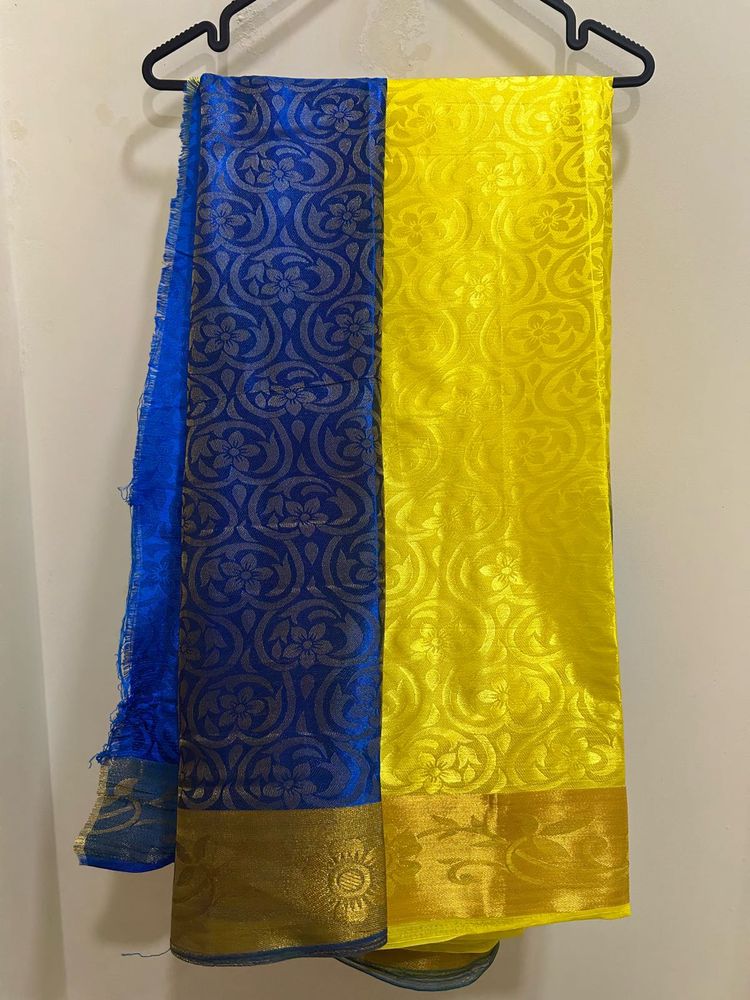 Vibrant Blue &amp; Yellow Brocade Saree