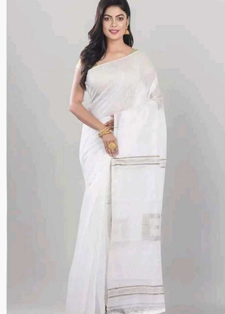 Elegant White Cotton  Silk Saree