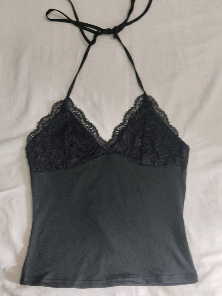 Black Lace Halter Neck Tank Top