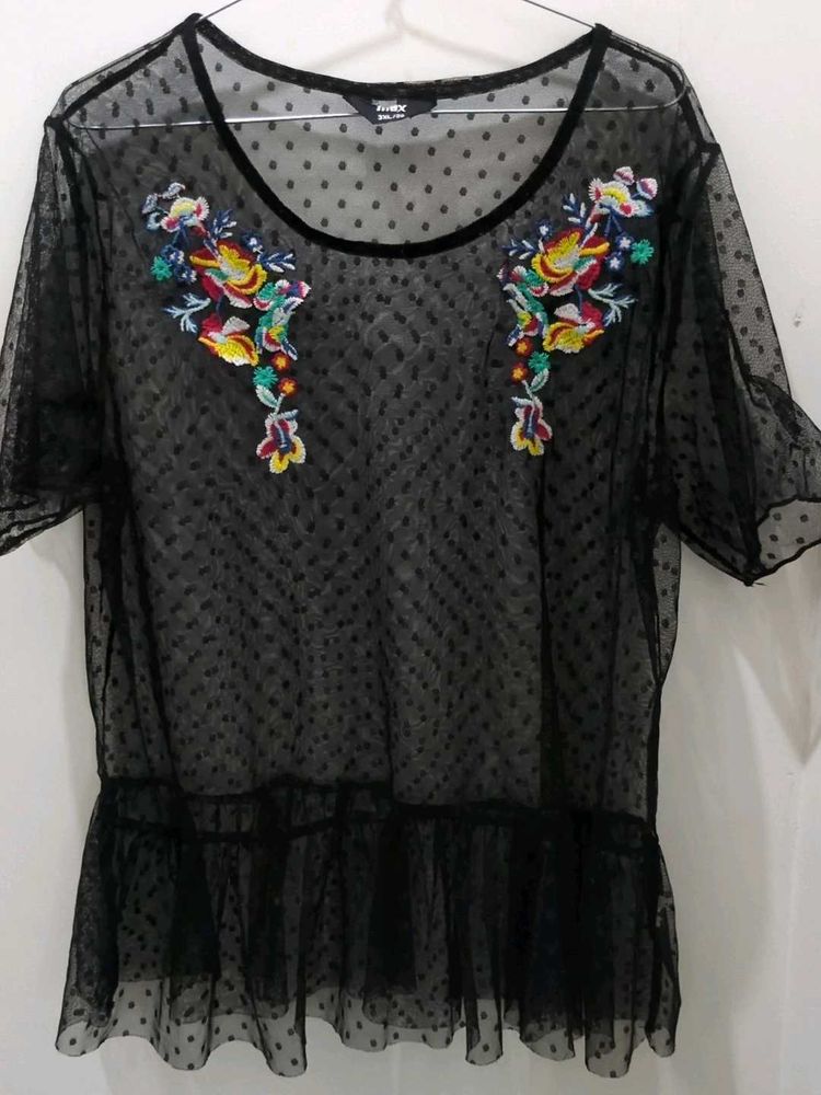 Sheer Black Polka Dot Embroidered Top