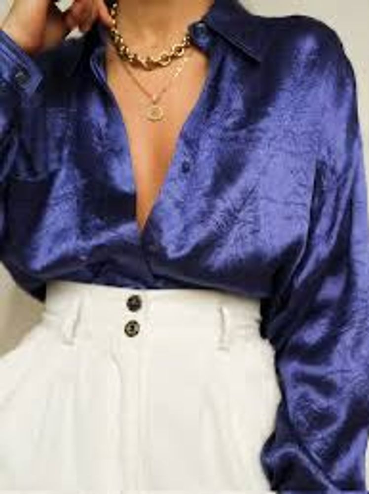 Elegant Navy Satin Button-Up Shirt