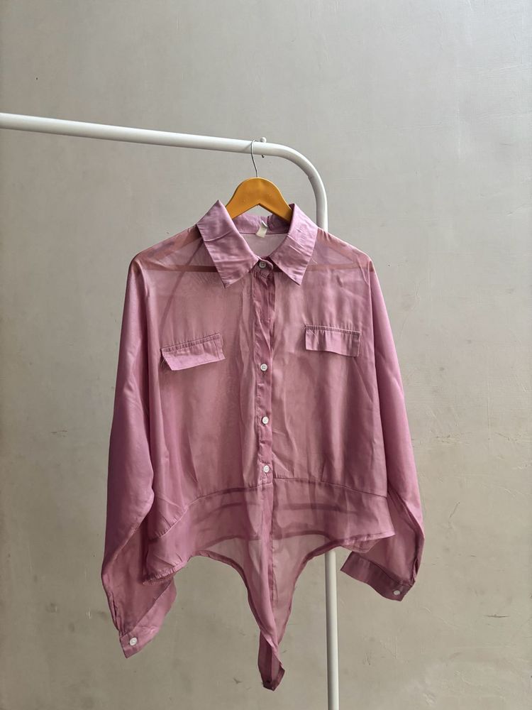 Dusty Pink Oversized Tie-Front Button-Up Shirt