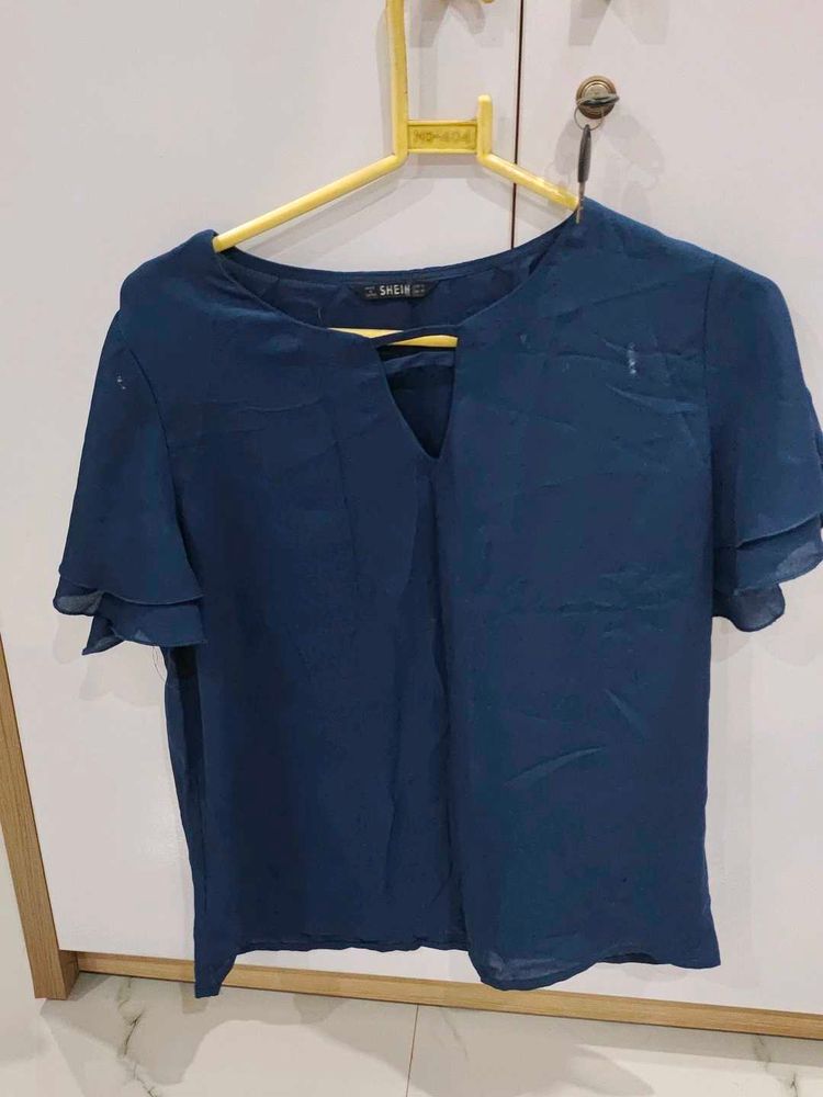 Chic Navy Blue Flutter Sleeve Top
