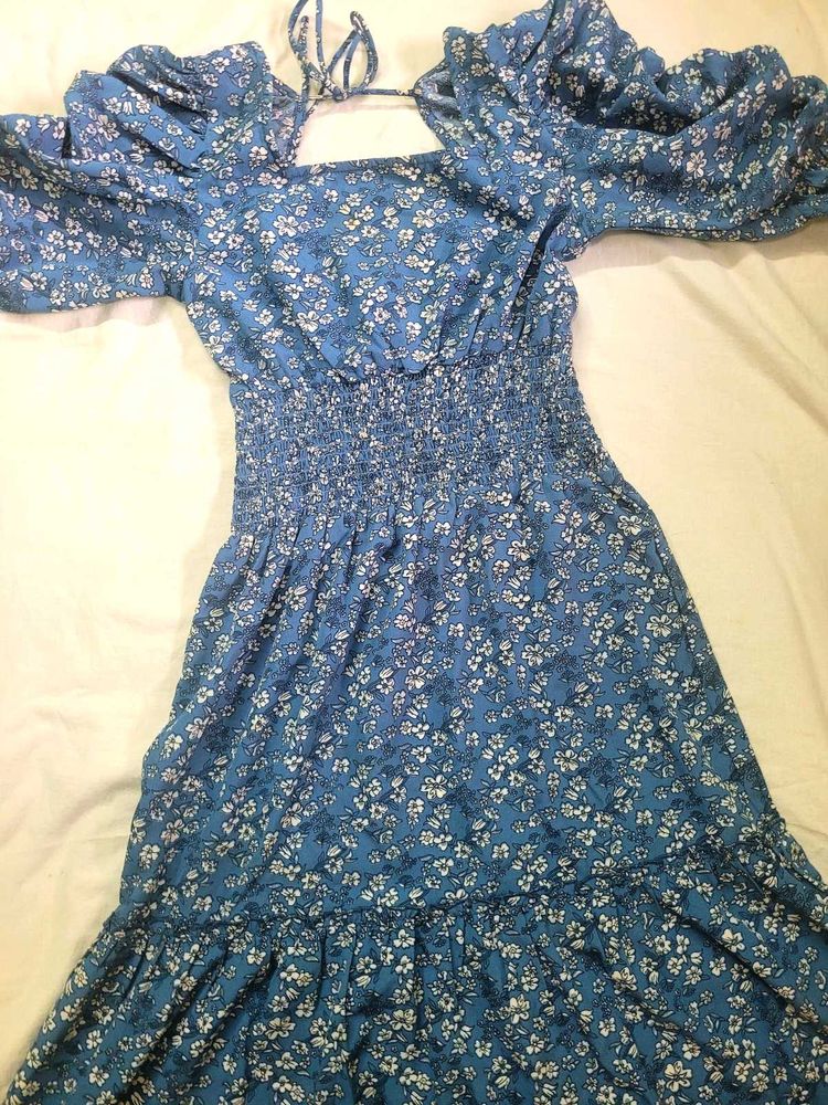 Blue Floral Smocked Midi Dress