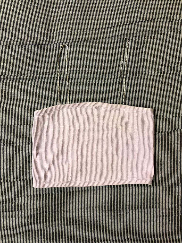 Pink Ribbed Tube Top with Rhinestone Straps