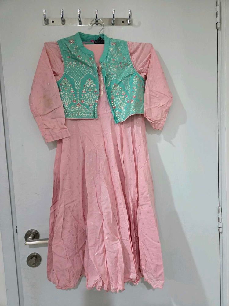 Pink Kurta Set with Embellished Jacket