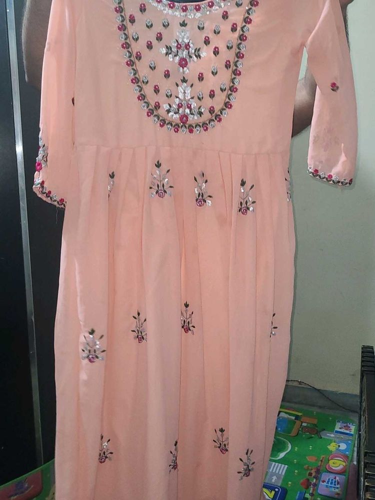 Elegant Peach A line Kurta with Embellishments