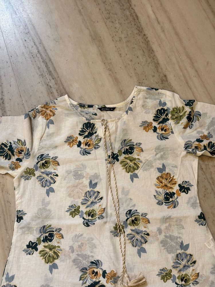 New Cream Floral Print Kurta