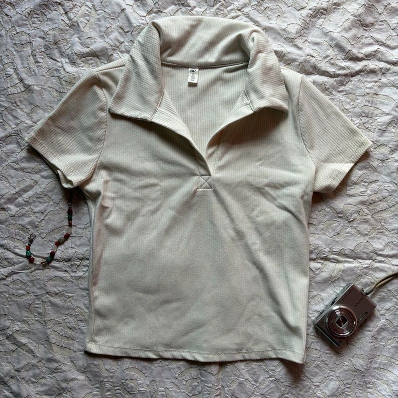 Stylish Ribbed Polo Neck Top
