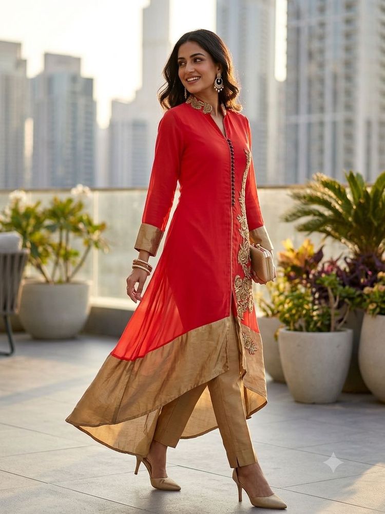 Red peach ethenic with kurta Gold Embroidery