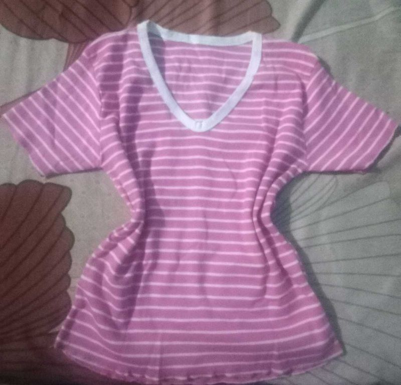 Pink Striped V-Neck T-Shirt