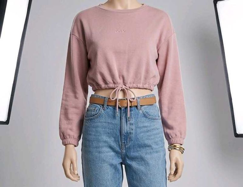 Pink Cropped Drawstring Sweatshirt