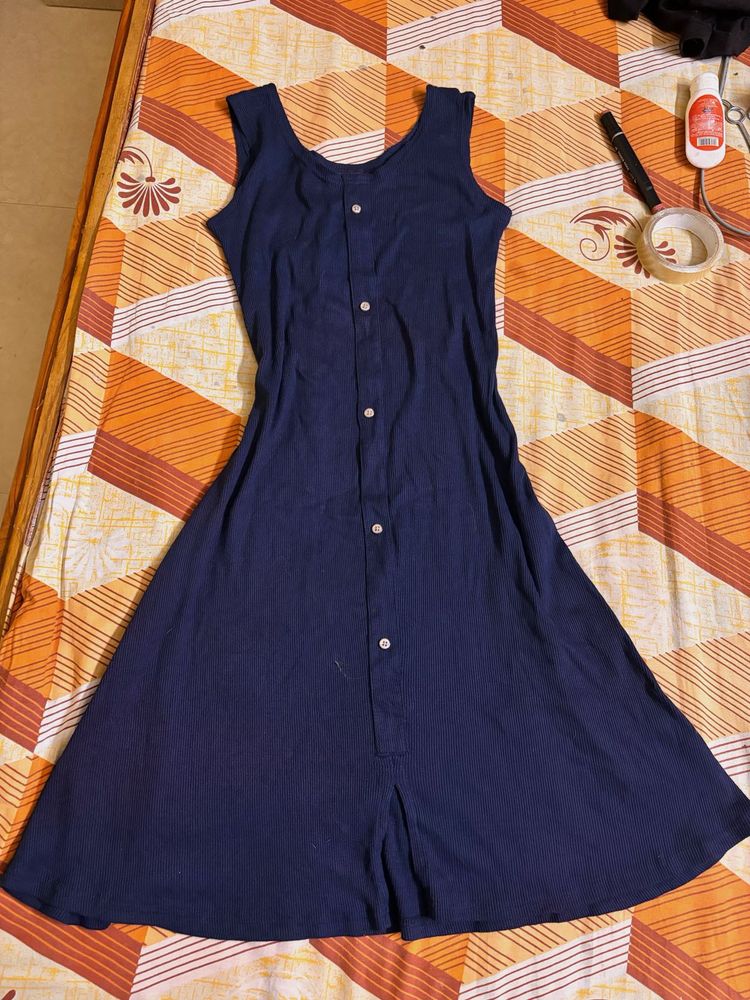 Navy Blue Sleeveless Button-Front Dress