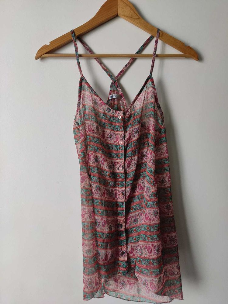 Sheer Floral Print Button-Up Cami Top