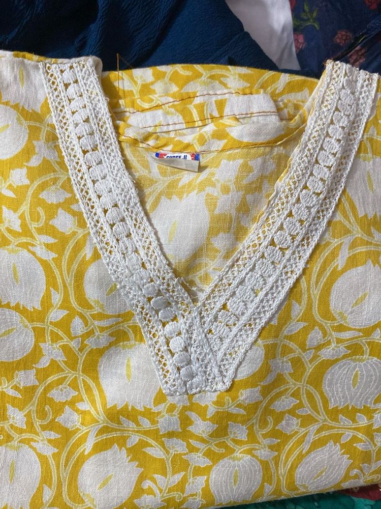 Yellow Printed Kurta with Lace
