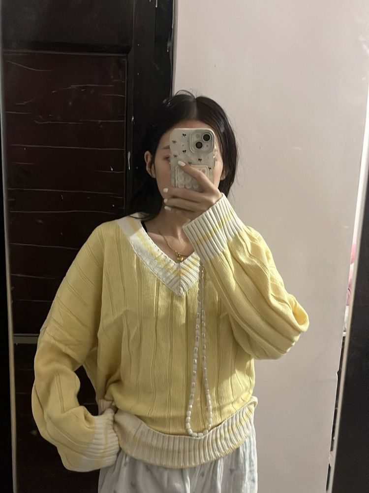 Yellow V-Neck Knit Sweater