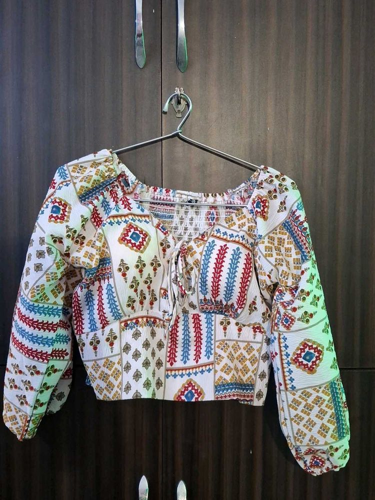Boho Patchwork Print Crop Blouse