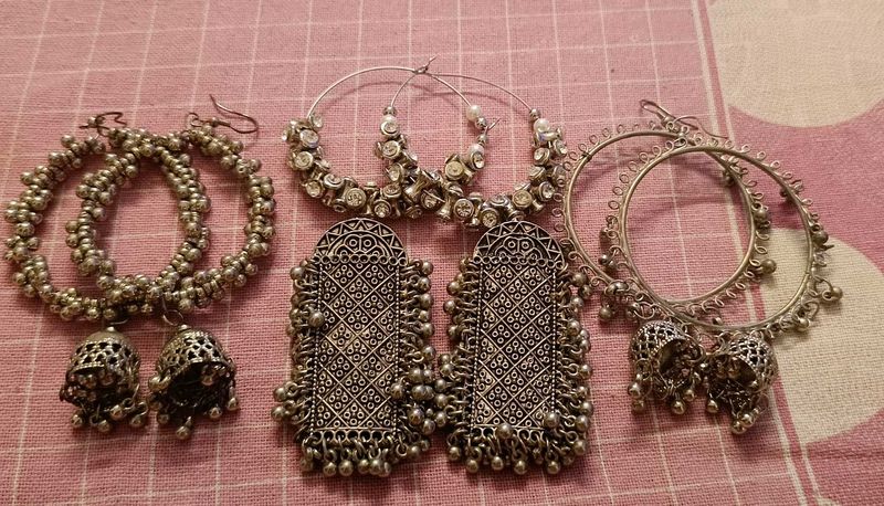 4 set Bohemian Silver Tone Jhumka &amp; Hoop Earrings
