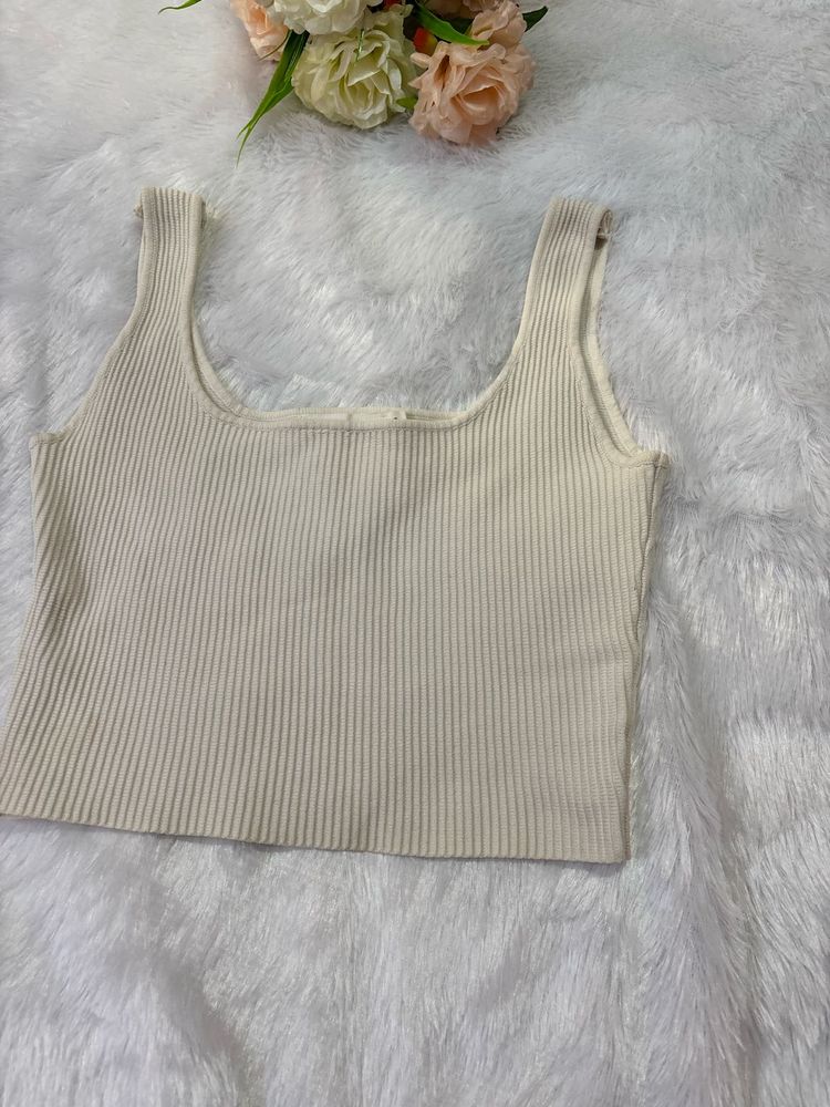 Cream Ribbed Square Neck Tank Top