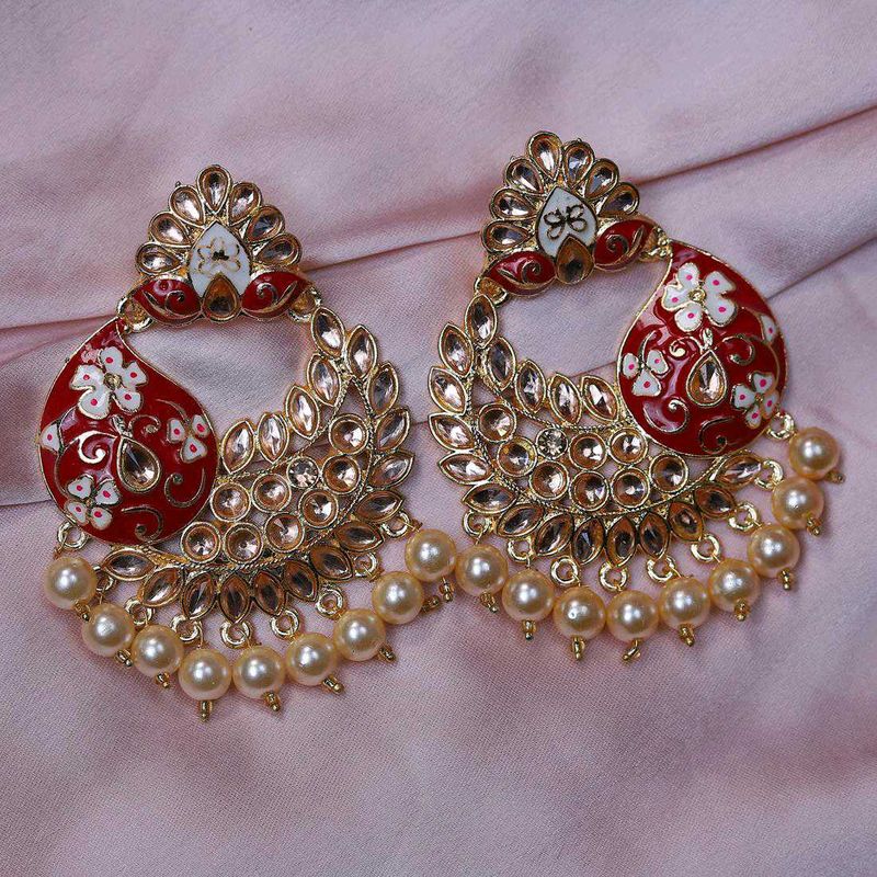 Heavy Red &amp; Gold Chandelier Earrings with Pearls