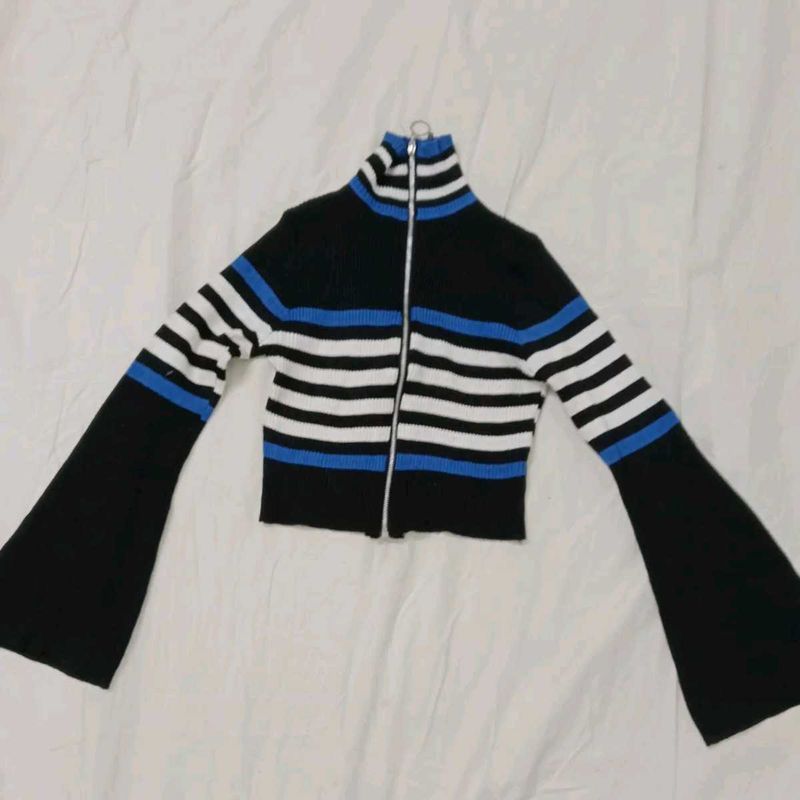 y2k Striped Zip-Up Sweater