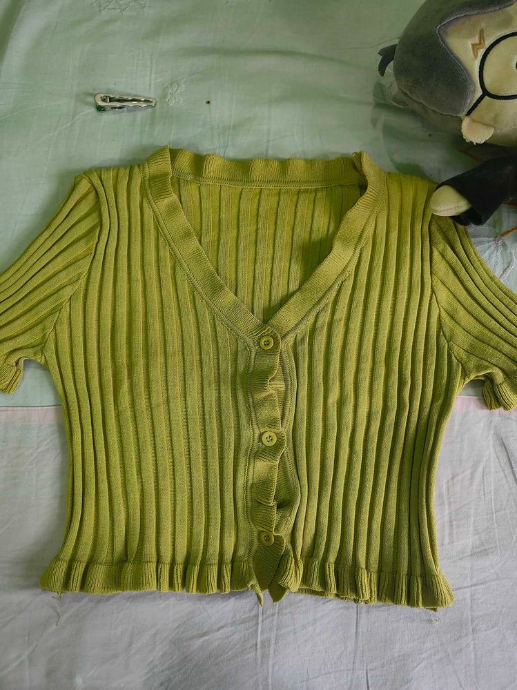 Lime Green Ribbed Button-Up Cardigan