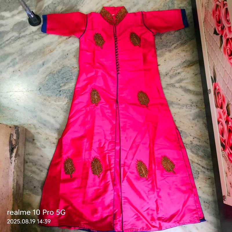 New Pink Embroidered  Kurta With Skirt