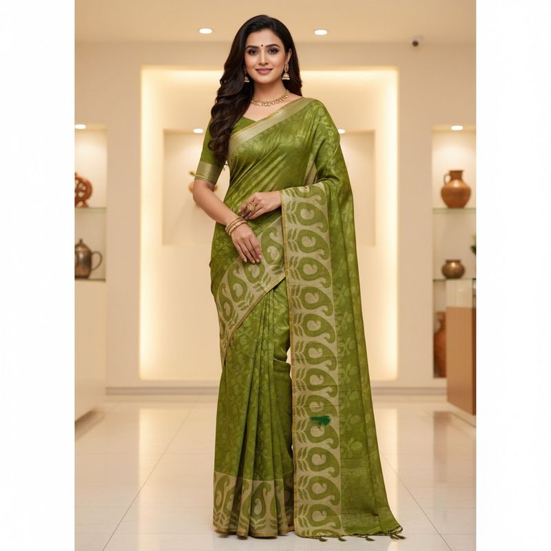 Elegant Green Saree with Paisley Border witg unsti