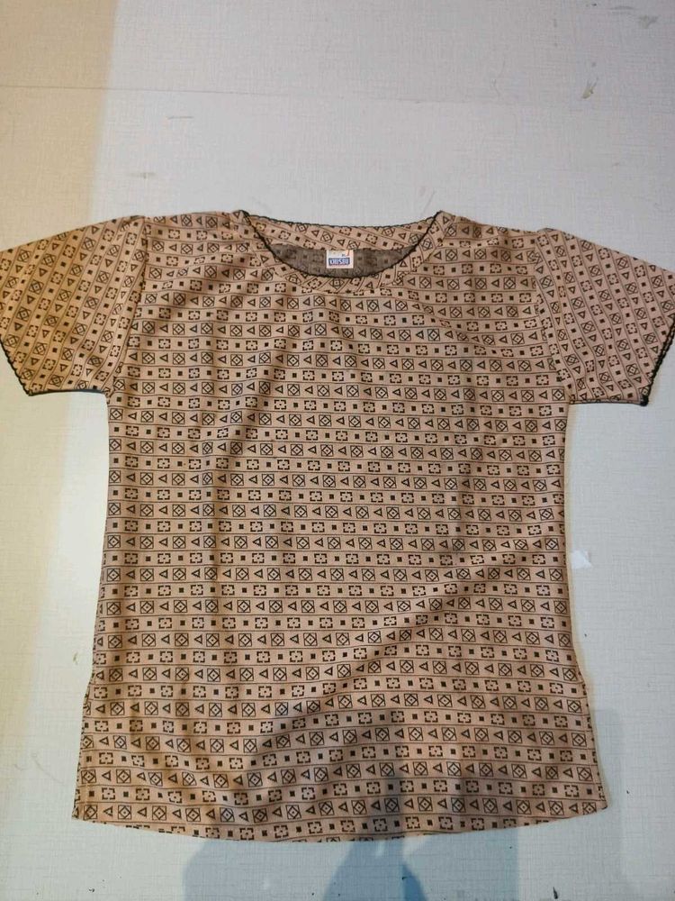 Beige Printed Short-Sleeve Casual Top
