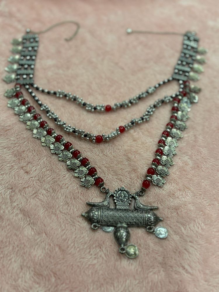 Oxidized Silver Necklace with Red Beads