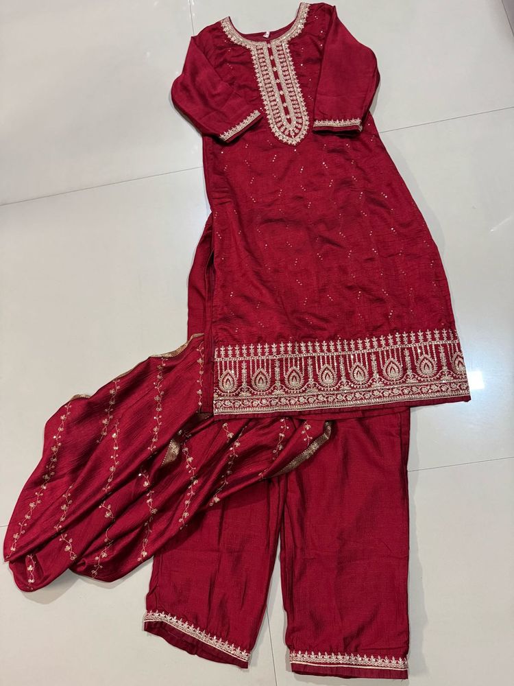 Maroon Embroidered Kurta Set with Pants