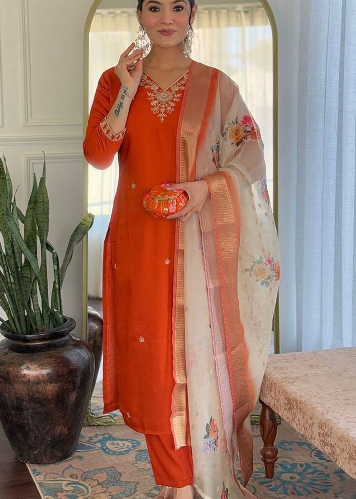 Embroidered Straight Kurta With Trouser &amp; Dupatta