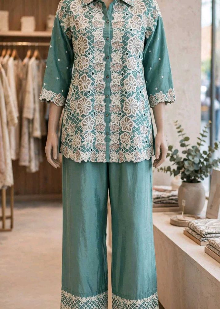 Embroidered Teal Kurta Palazzo Set