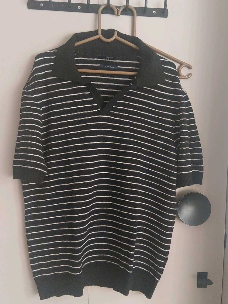 Striped Collared Knit Top