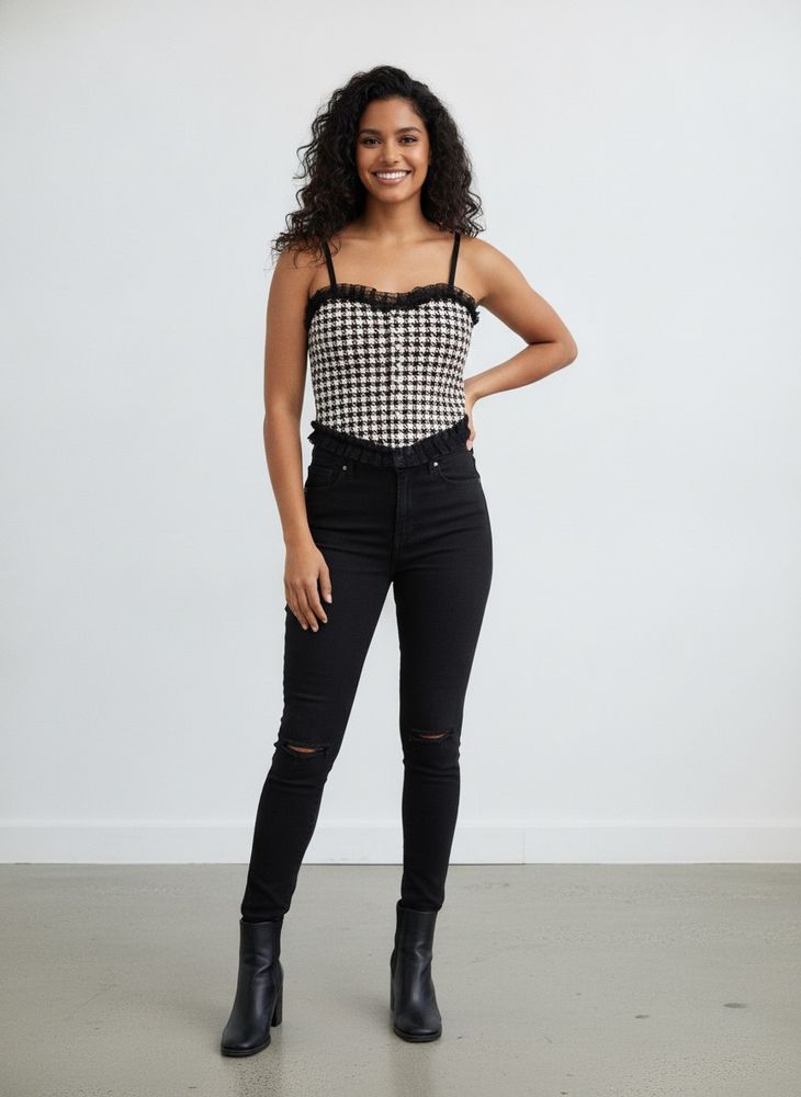 Houndstooth Corset Top with Lace Trim
