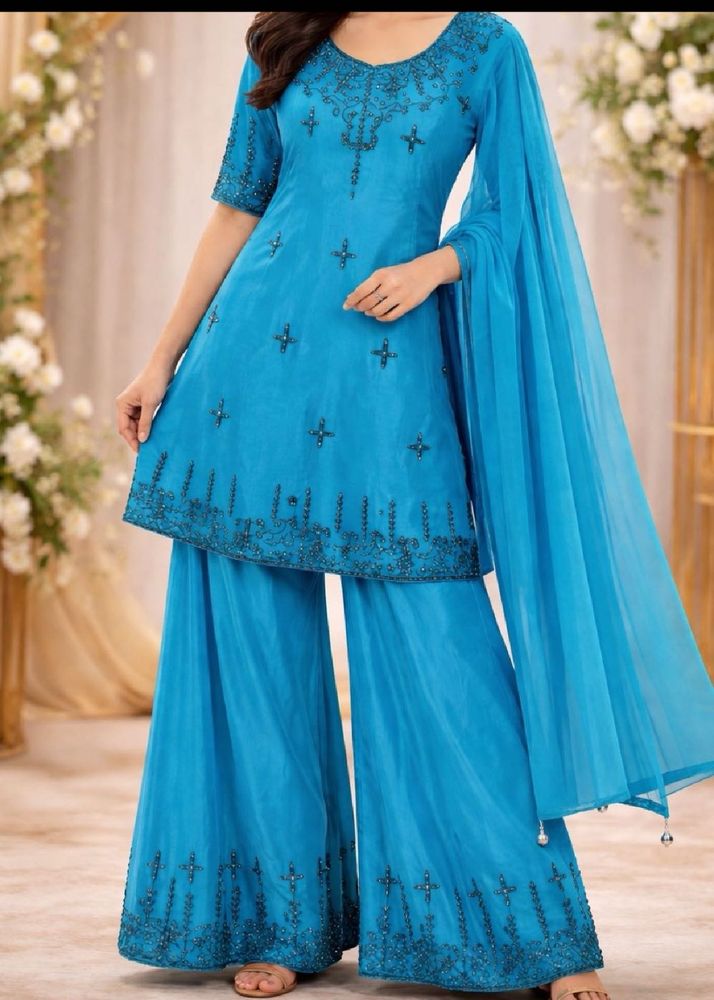Blue Emblished Kurta with Palazzo Set