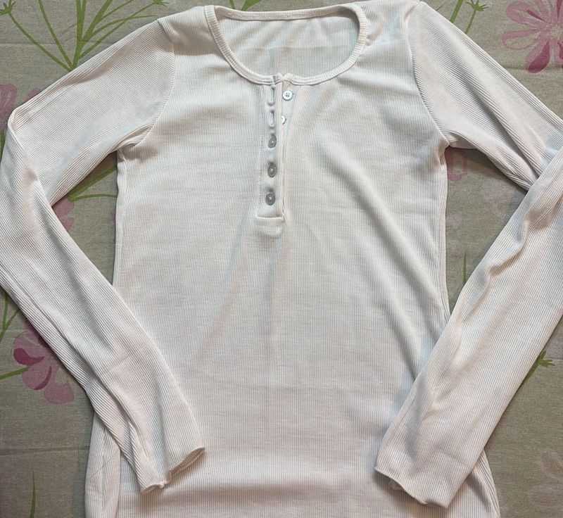 White Long Sleeve Ribbed Top