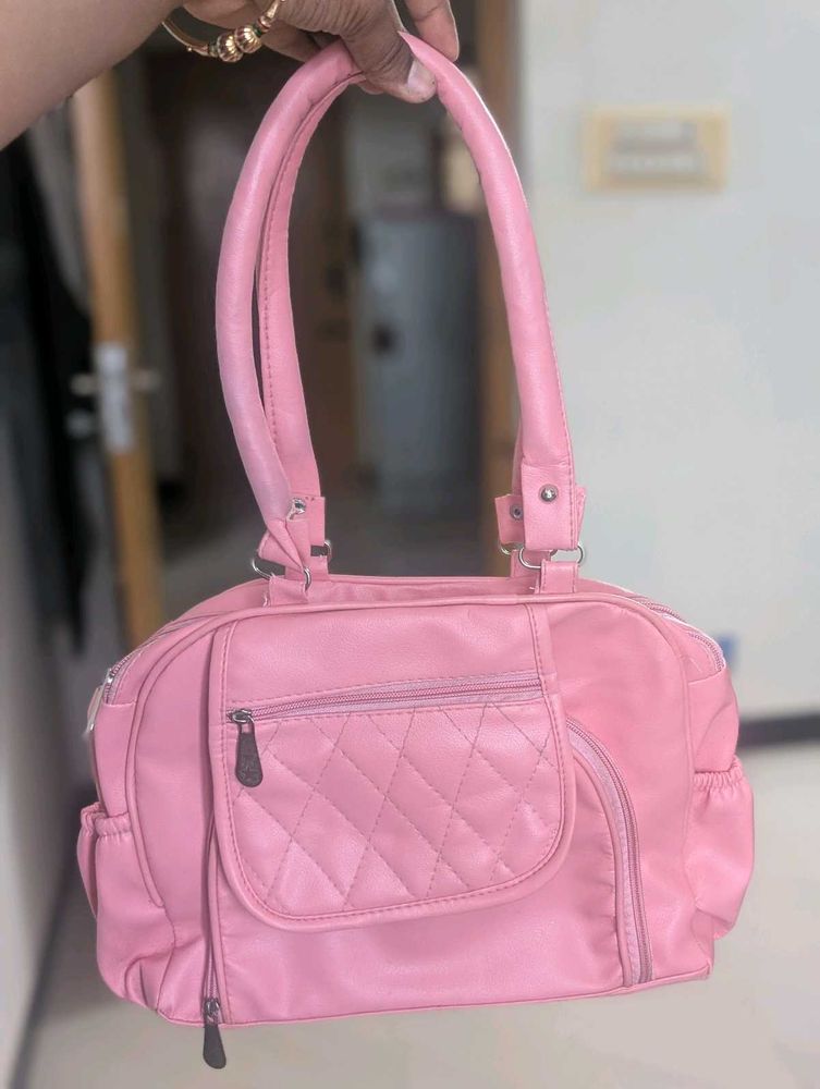 Pink Quilted Multi-Pocket Handbag