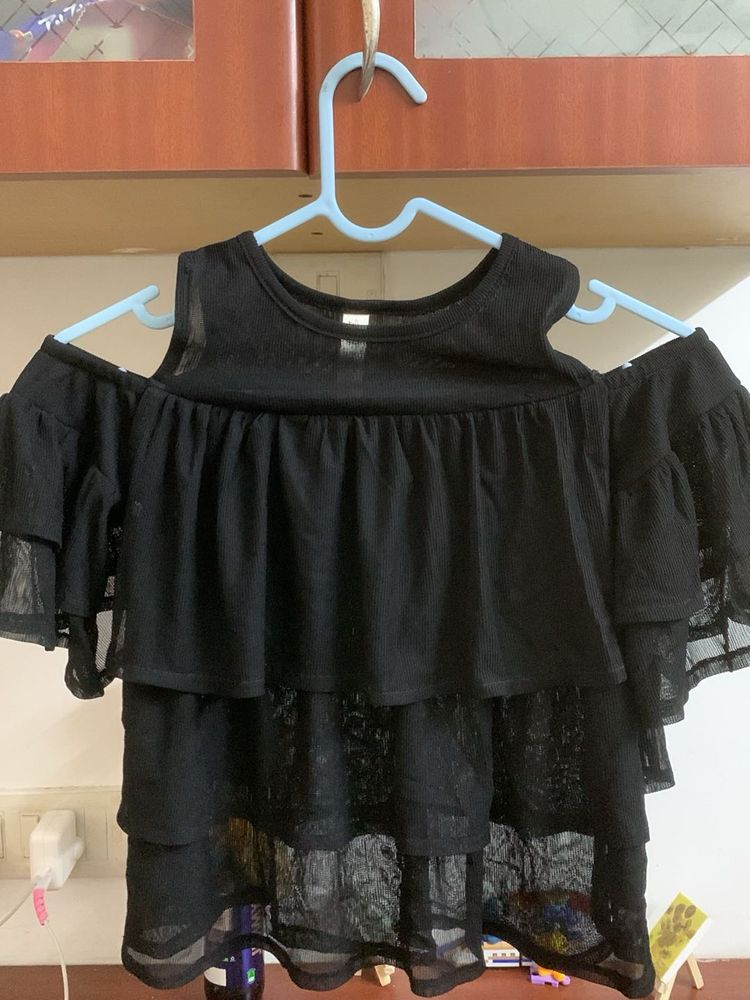 Chic Black Cold Shoulder Ruffle Top