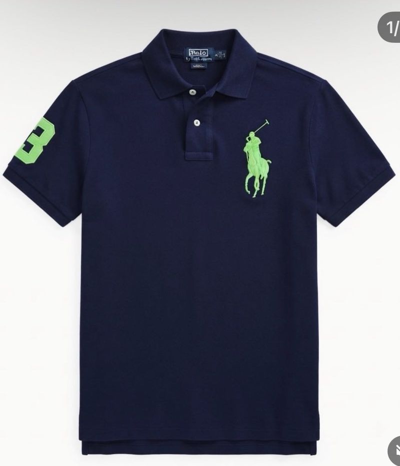 Navy Blue Polo Shirt with Neon Green Logo