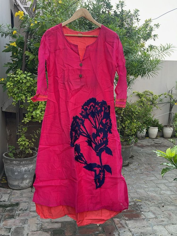 Vibrant Pink Kurta with Blue Floral Print