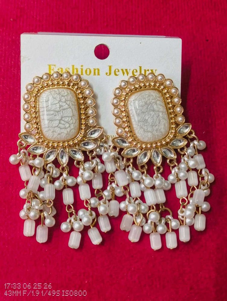 Elegant White Pearl &amp; Stone Earrings