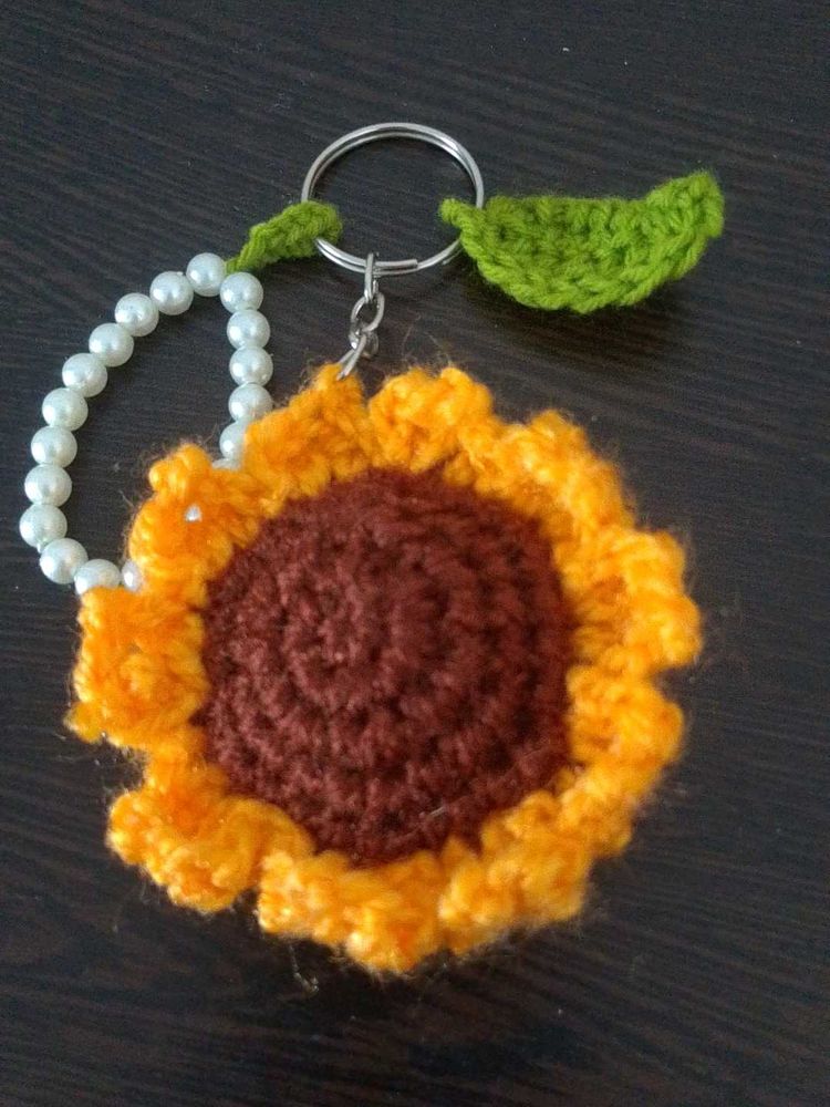 Crocheted Sunflower Keychain with Pearls