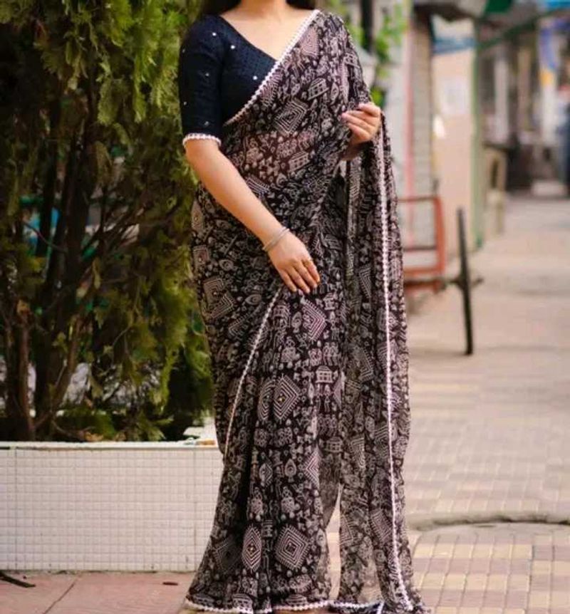 Stylish Black &amp; White Printed Saree