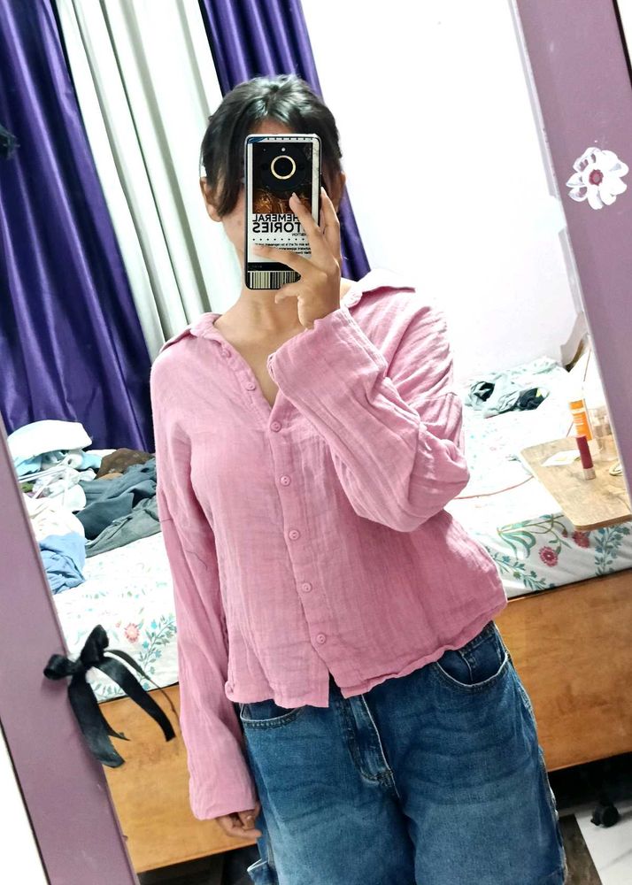 Chic Pink Linen Blend Shirt M size